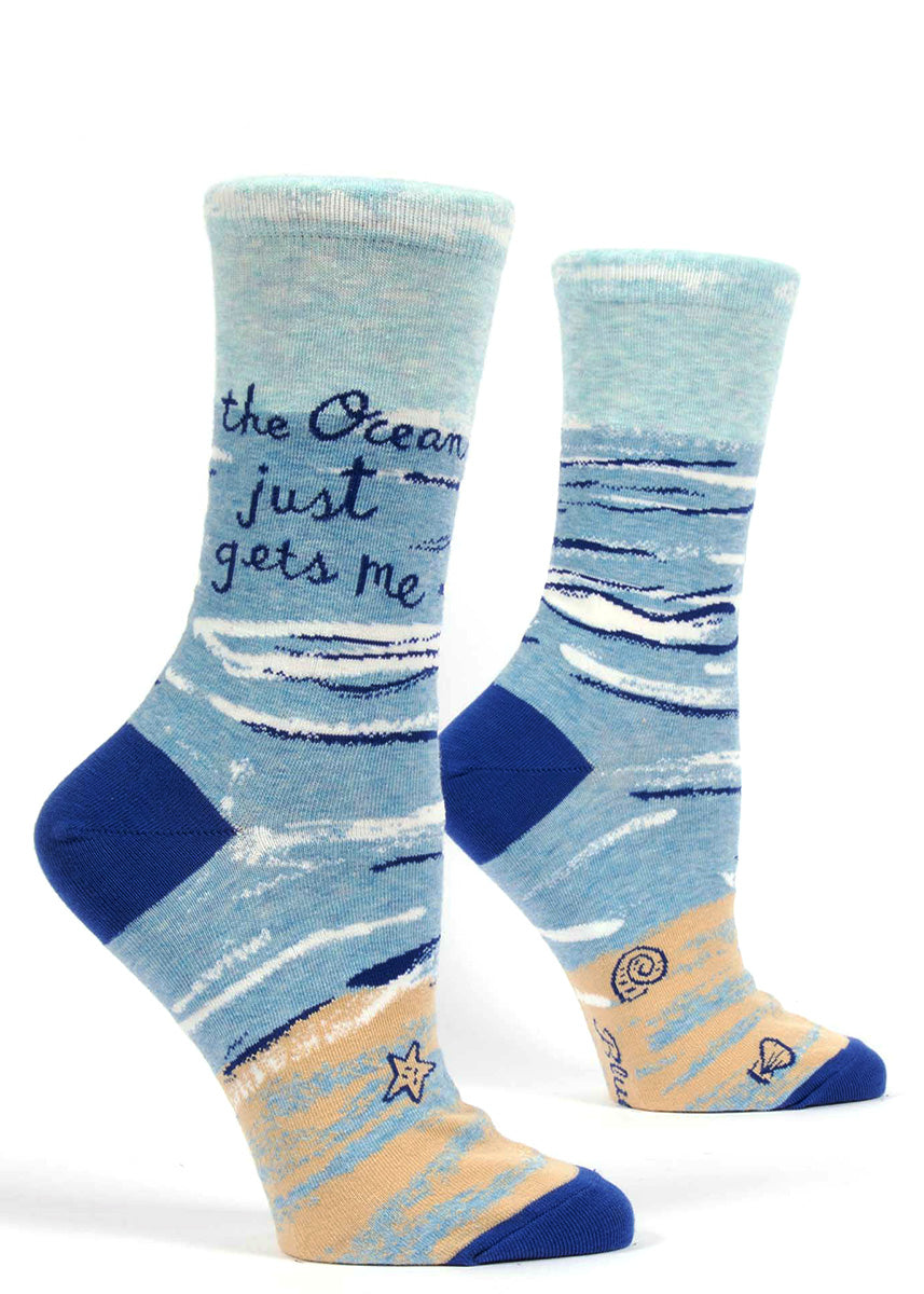 The Ocean Just Gets Me socks for women with waves on the beach