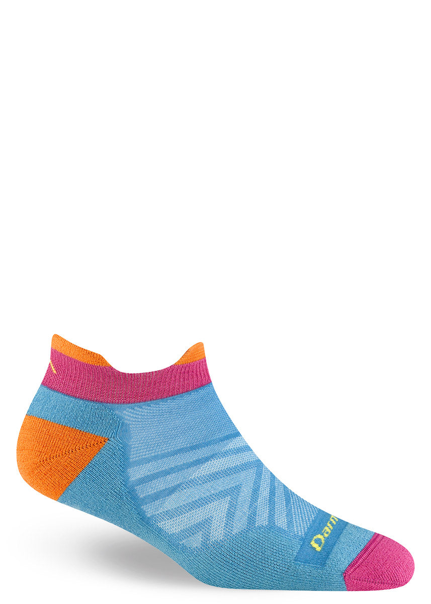 Running socks for women in ocean blue with pink and orange accents in a low-cut ankle profile with tabs at the front and back.
