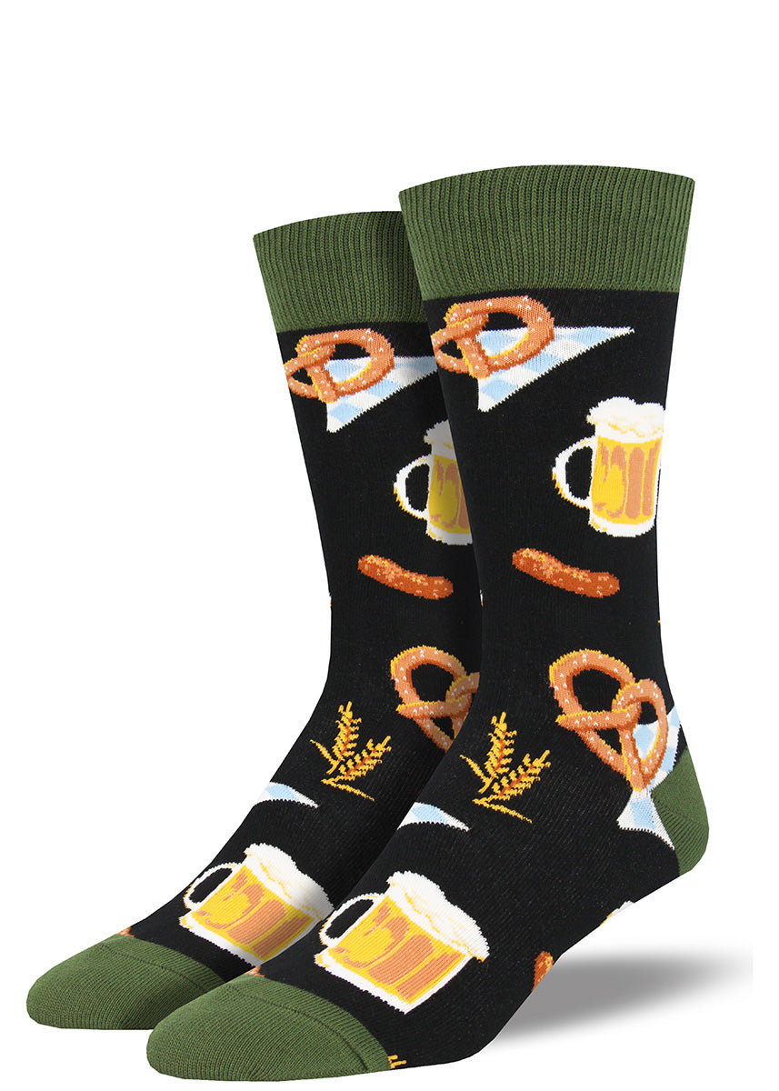 Fun Oktoberfest socks for men with beer, pretzels and bratwurst.