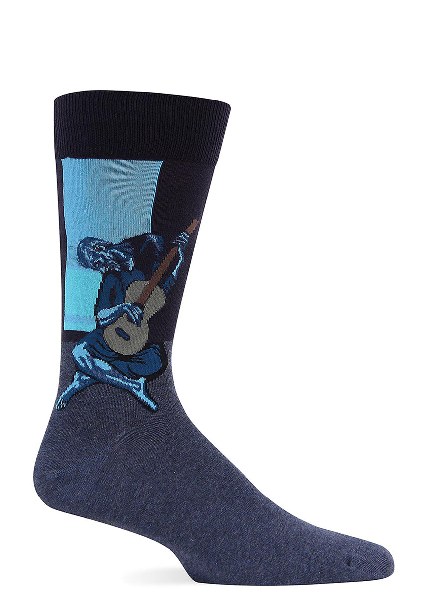 An old man plays an old guitar on these Picasso socks for men.