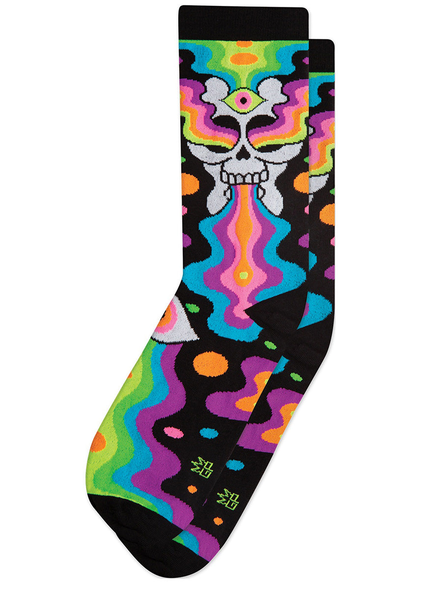 Unisex socks from artist Oliver Hibert feature trippy rainbows oozing out of a skull&#39;s eyes and mouth.