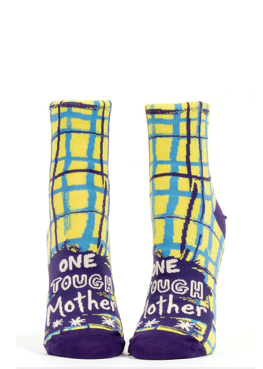 Fun "One Tough Mother" ankle socks for women with blue and yellow crosshatch pattern and purple accents