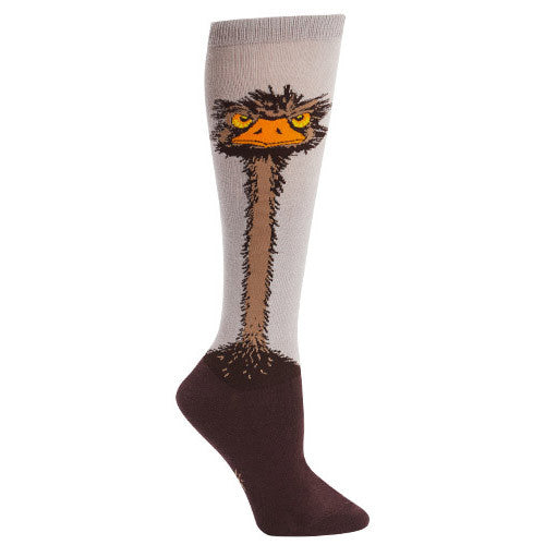 Knee-high ostrich socks for women with a grumpy ostrich glaring