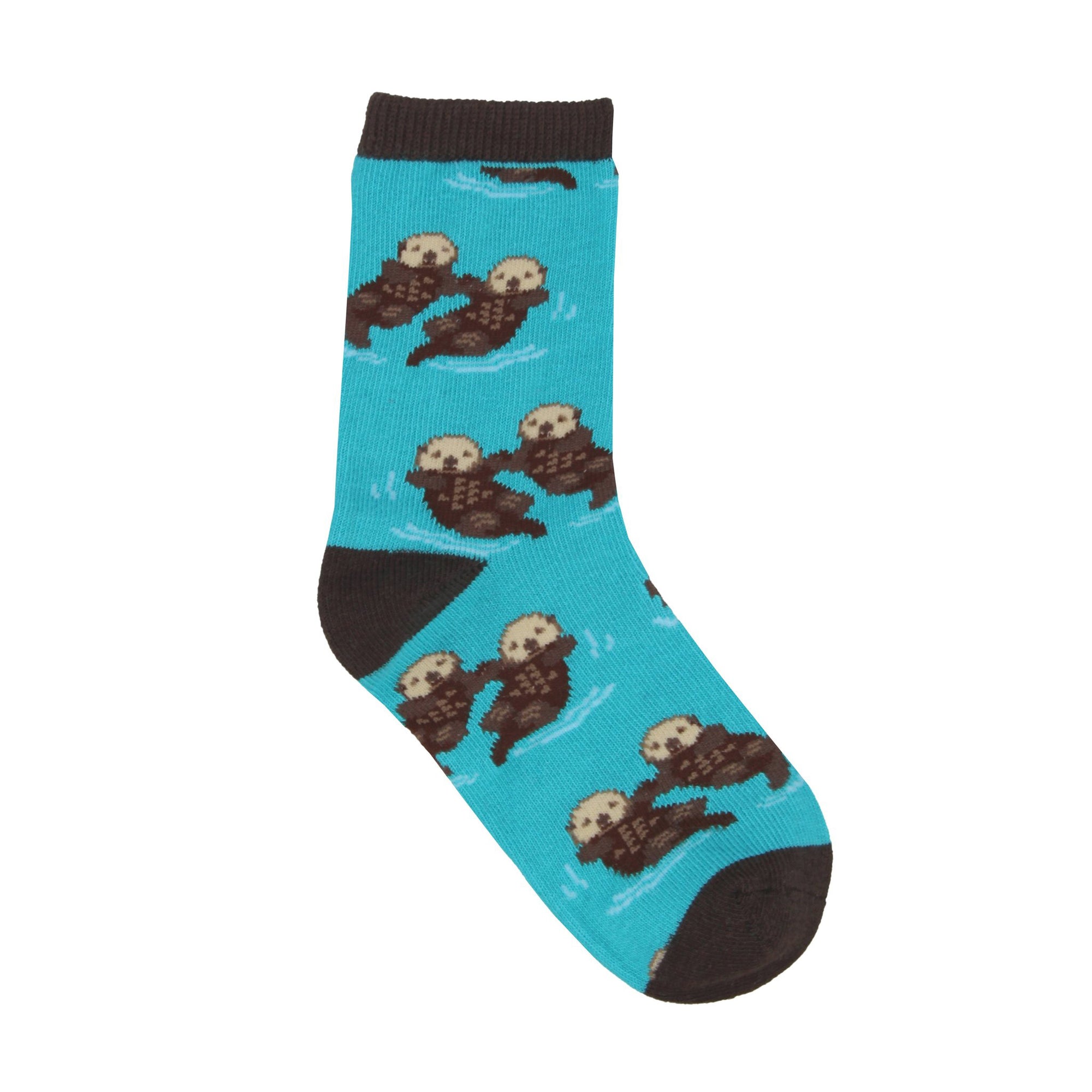 Cute sea otters hold hands on otter socks for kids.