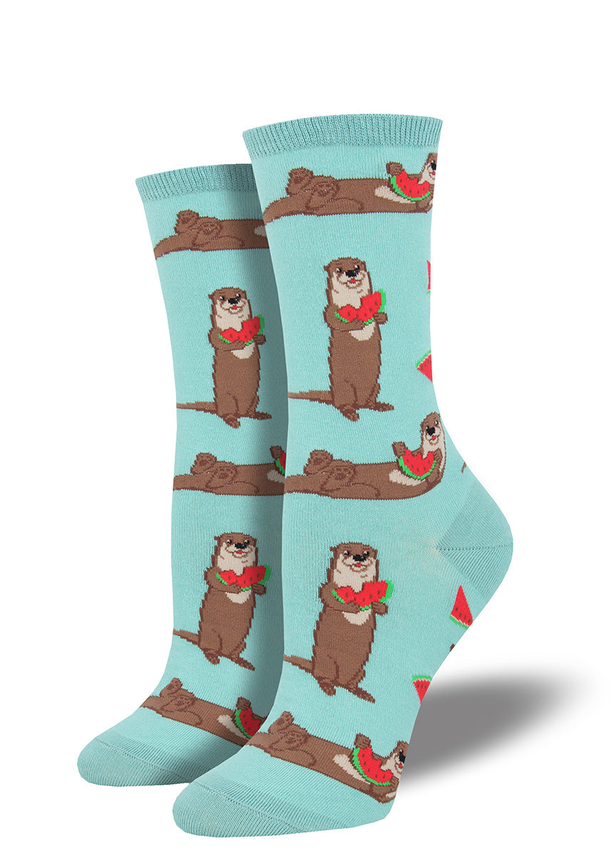 Cute otter socks for women with otters eating watermelon.