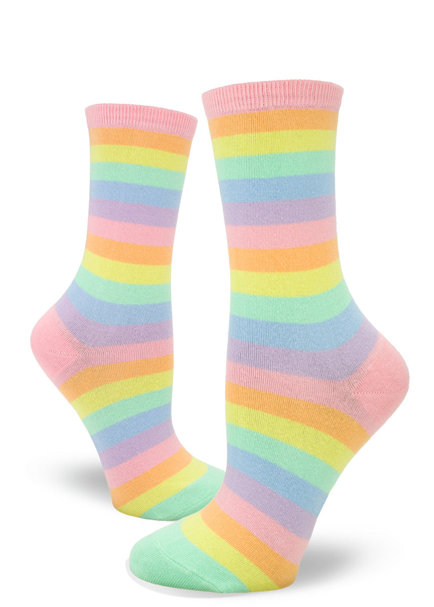 Cute crew socks for women feature pastel rainbow stripes in light pink, orange, yellow, mint, blue, and purple.