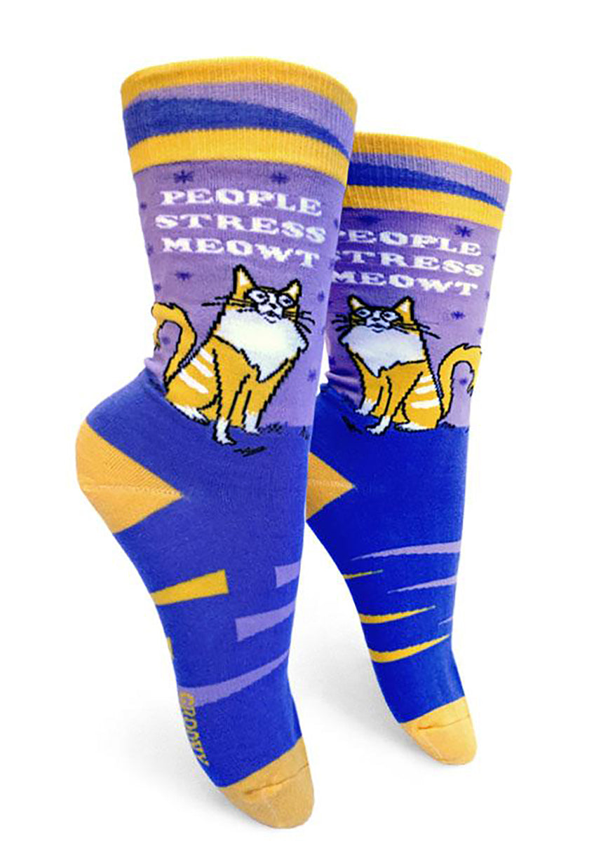 Funny socks for women show a wide-eyed cartoon cat with the words, "People stress meowt."