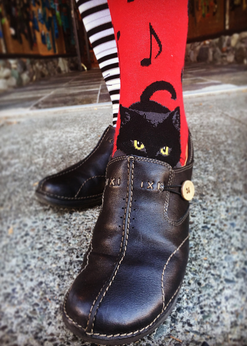 Knee high socks feature black cats on piano keys and musical notes.