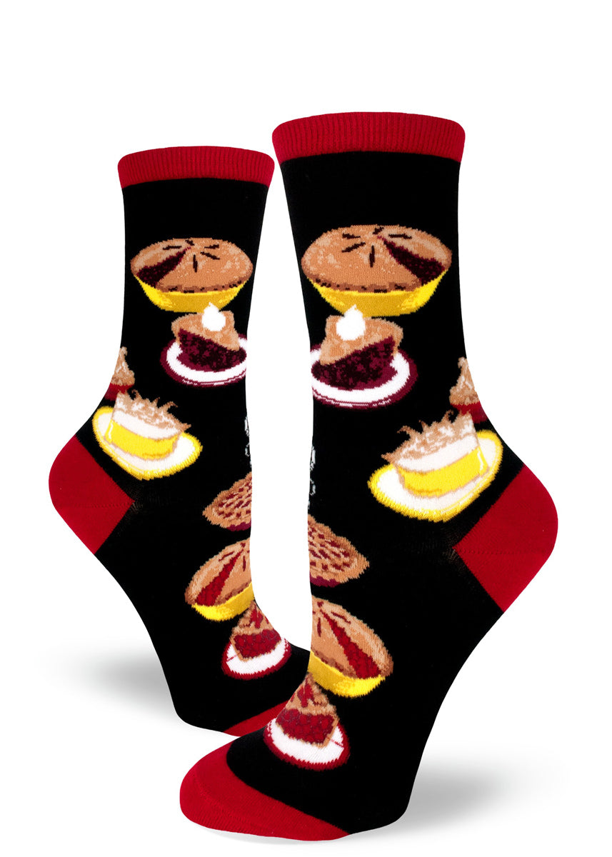 Cute pie socks for women with pies in different flavors including berry, lemon meringue and cherry pie on black socks