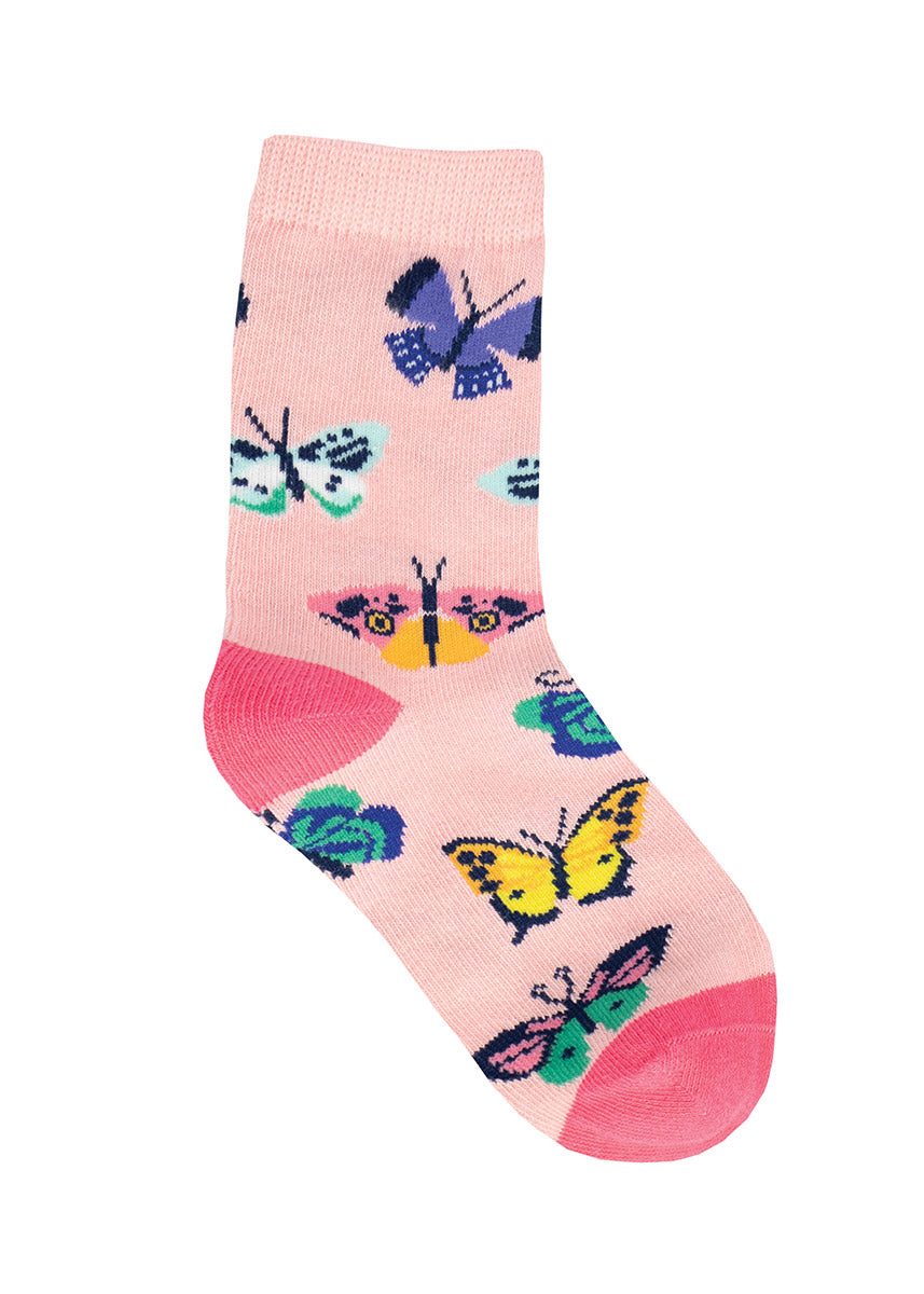Light pink kids&#39; socks with a pattern of colorful butterflies in yellow, pink, aqua and violet blue.