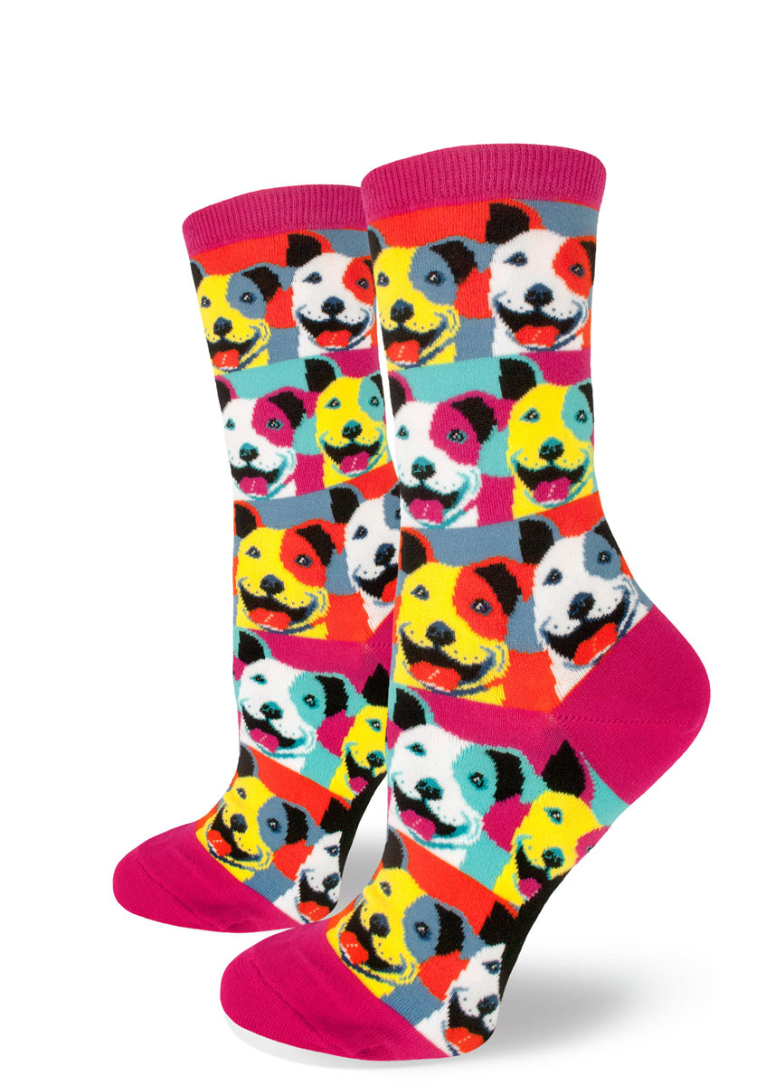 Pop art pit bull dog socks for women with colorful Warhol-inspired dogs