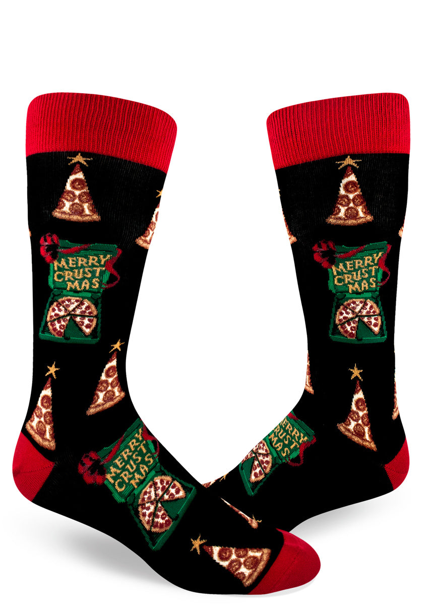 Funny pizza Christmas socks for men with pizza slices that look like Christmas trees and pizza boxes with the words "Merry Crustmas"