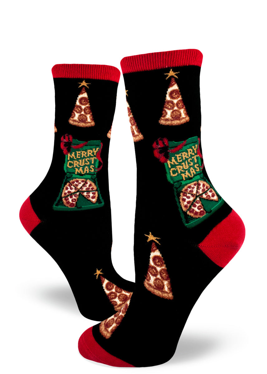 Christmas pizza socks for women with pizza Christmas trees and pizza boxes that say Merry Crustmas