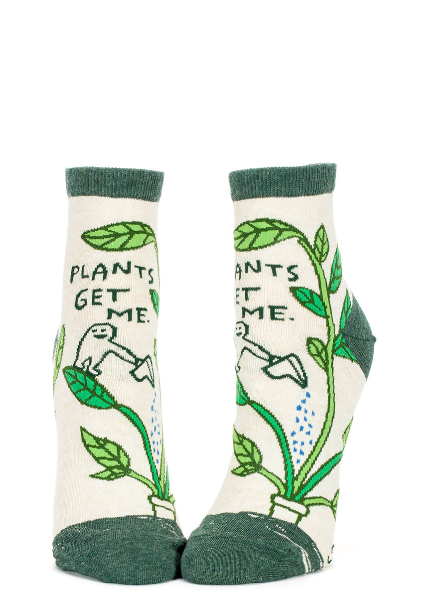 Ankle socks for gardeners that say "Plants get me."