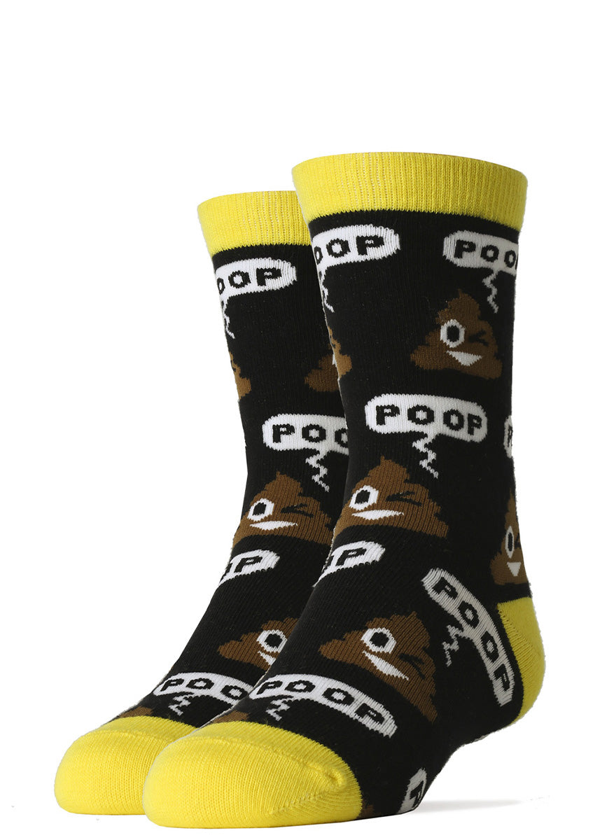 Funny emoticon socks for kids feature winking piles of cartoon poop.