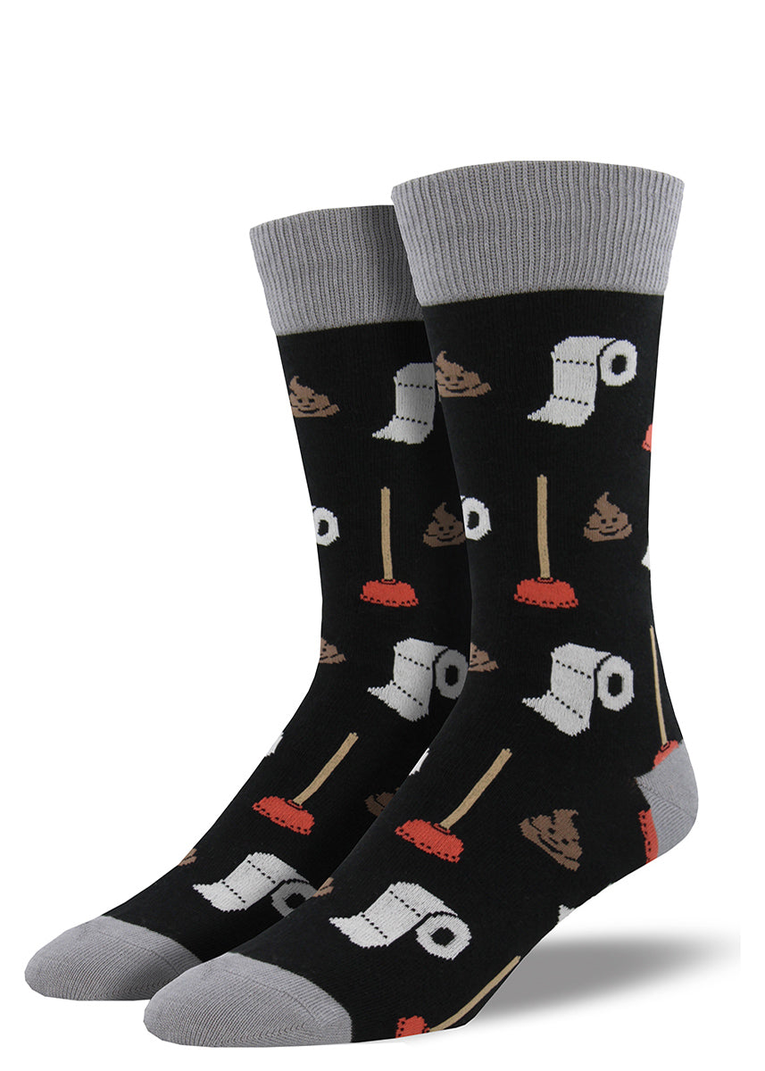 Covered in poop, toilet paper and bathroom plungers, these funny socks are for men who love potty humor.