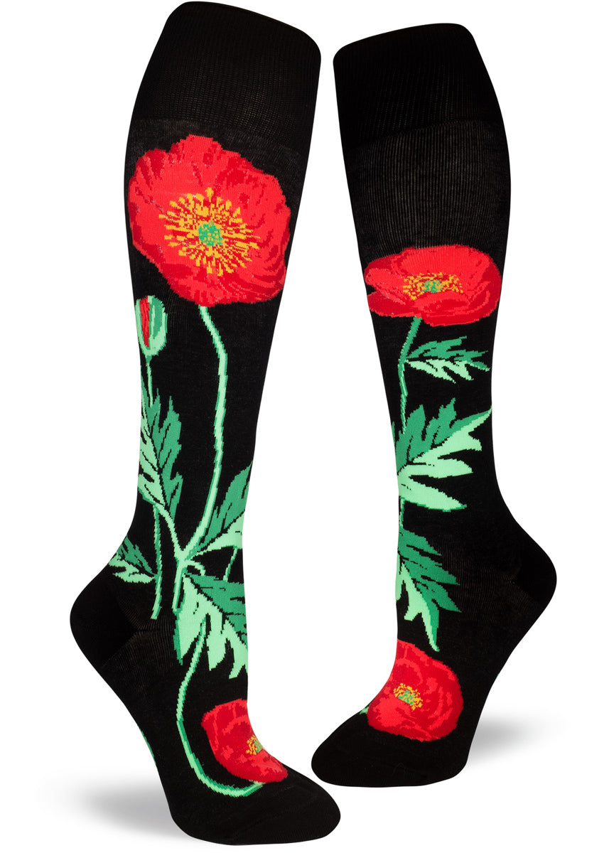 Knee-high poppy socks for women with red poppies on a black background with an extra-stretchy cuff