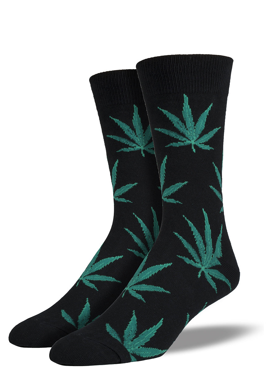 Pot leaf socks for men with marijuana leaves on black socks