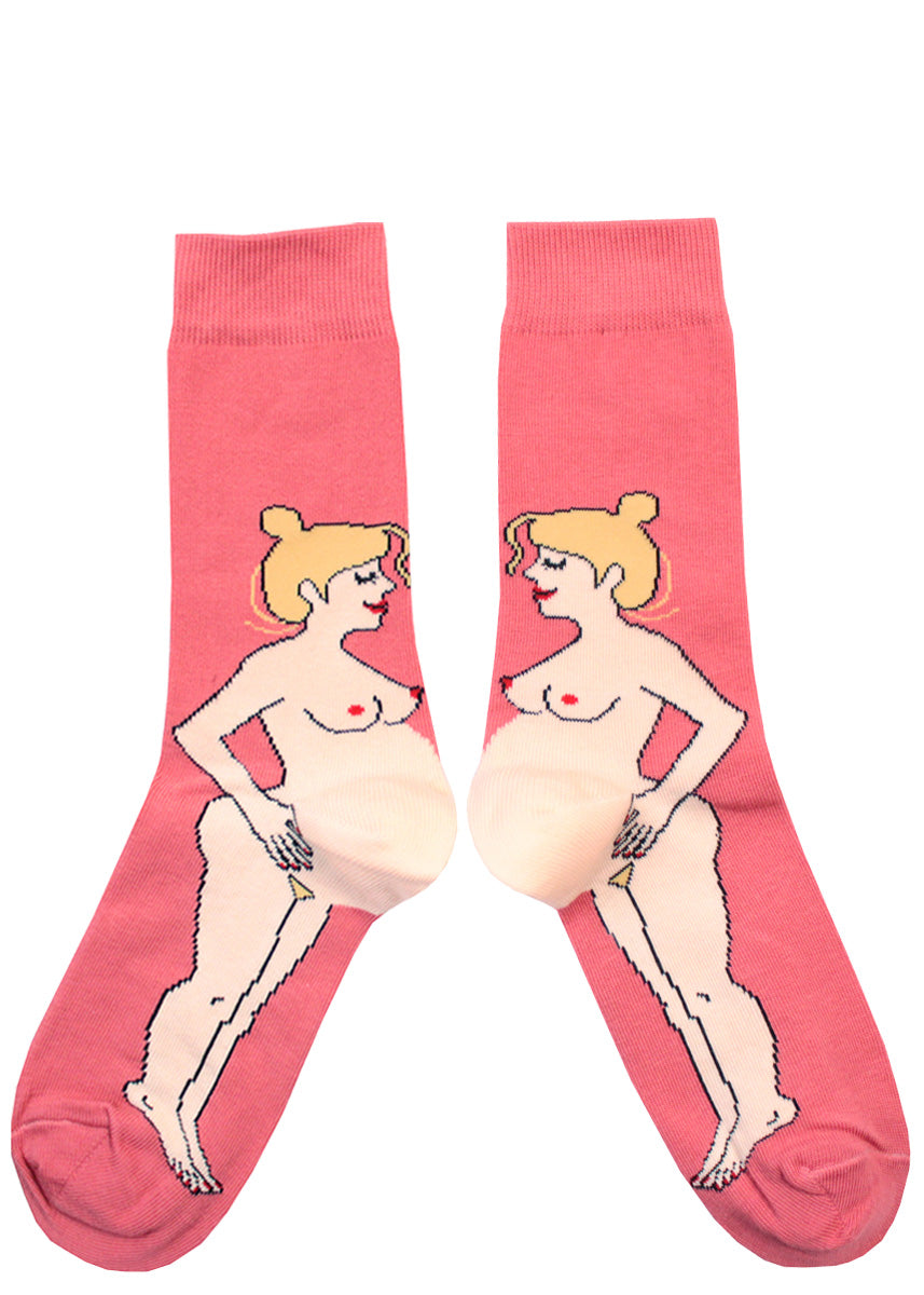 Funny pregnancy socks feature a nude pregnant blonde woman whose bulging belly is the heel of the socks.