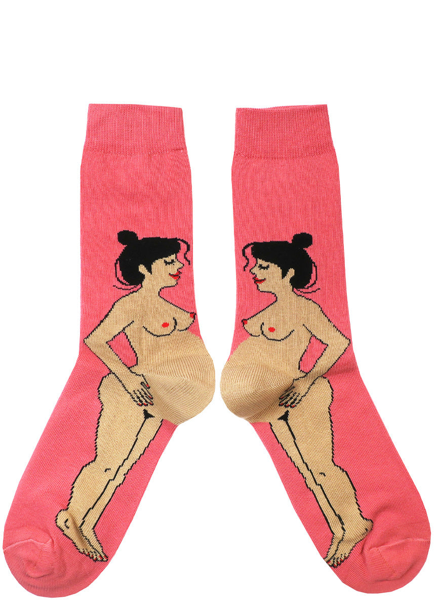 Funny pregnancy socks show a nude pregnant women with olive skin and black hair, with her bulging belly forming the heel of the socks.