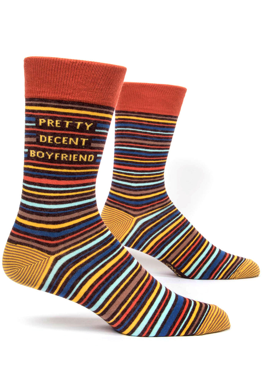 Pretty Decent Boyfriend Socks are colorful thin-striped socks with the words &quot;PRETTY DECENT BOYFRIEND.&quot;