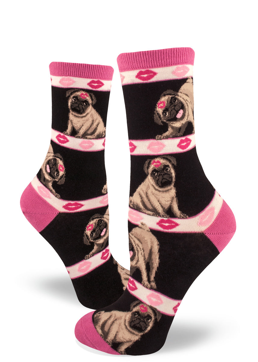 Cute pug socks for women with pug dogs and lipstick kisses on a pink and black background