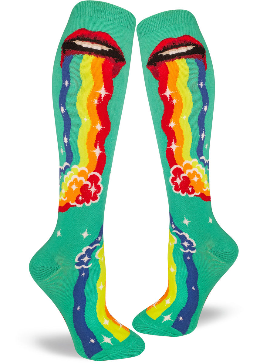 Funny rainbow barf socks for women show a pair of red lips vomiting out rainbow puke.
