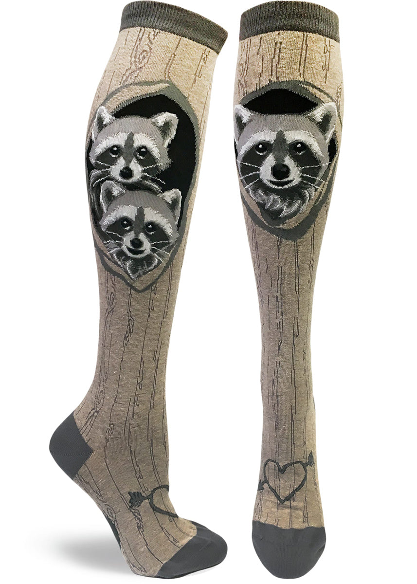 Knee-high raccoon socks for women with cute raccoons in tree dens, formed by the tree bark pattern socks
