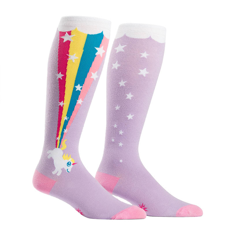 These unicorn knee socks for women show rainbows coming out of a unicorn's butt