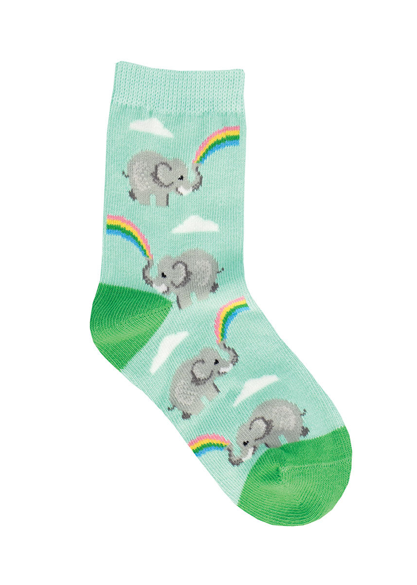 Aqua crew socks for toddlers with a repeating pattern of elephants spraying rainbows from their trunks.