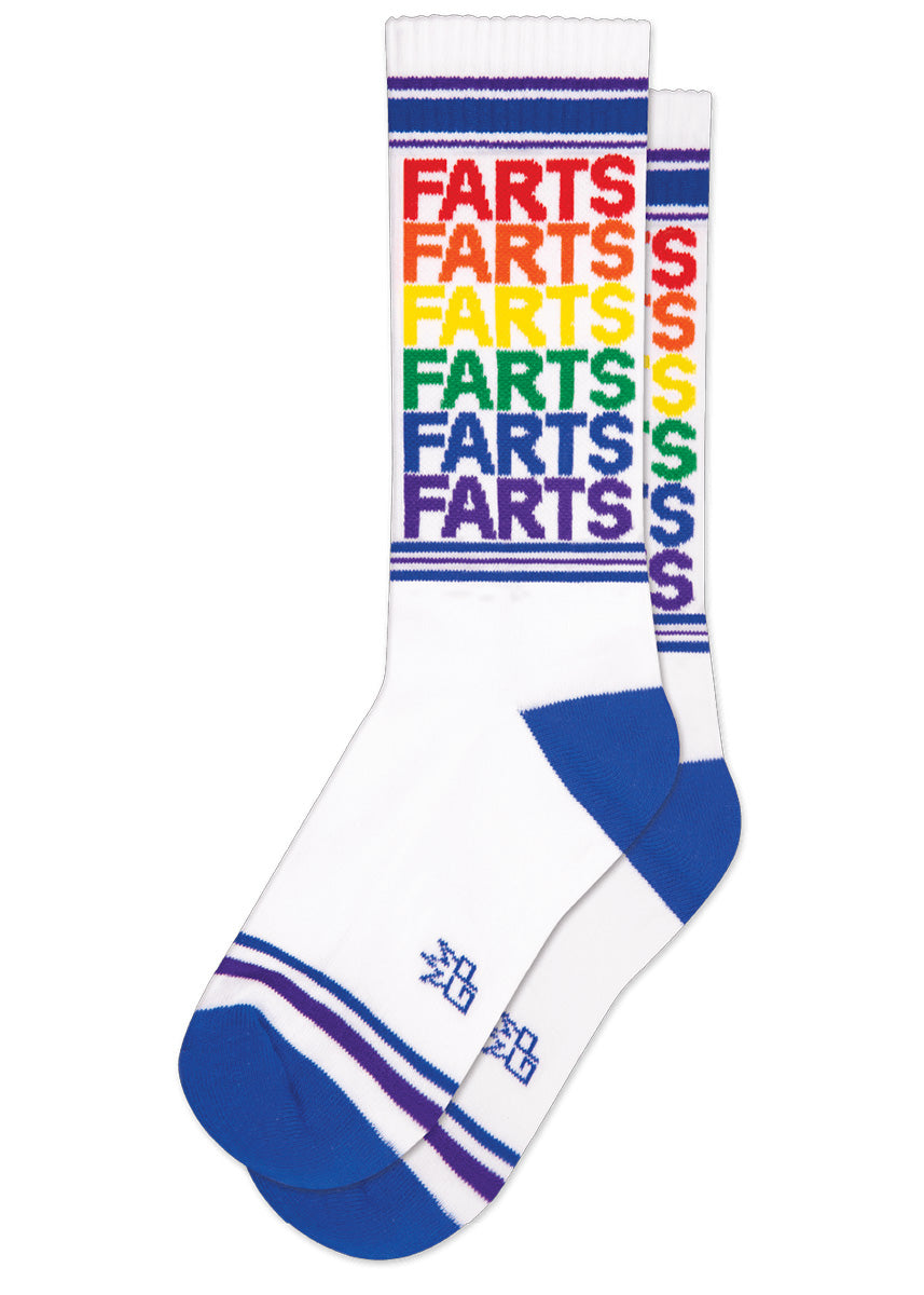 Funny retro gym socks feature sport stripes and the word &quot;FARTS&quot; repeated in every color of the rainbow!
