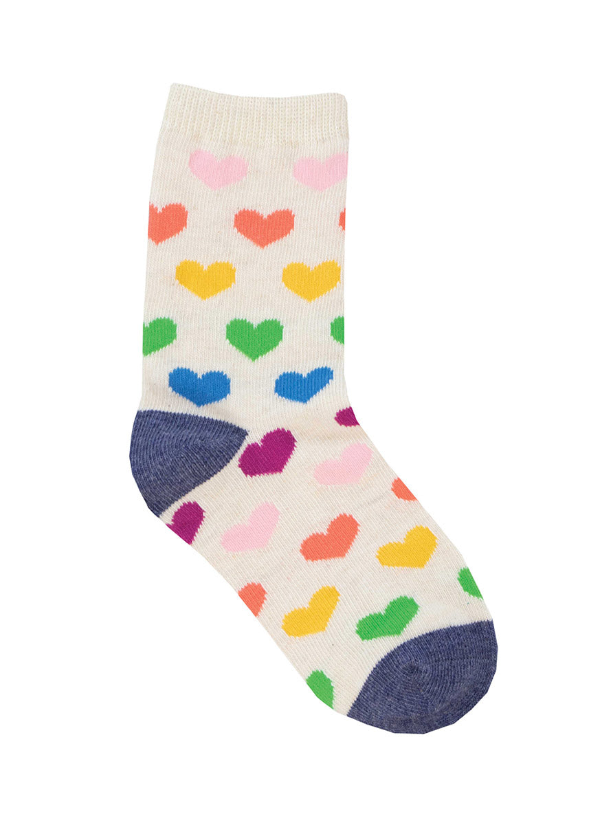 Kids' novelty crew socks with a rainbow of polka dot hearts on an ivory background.
