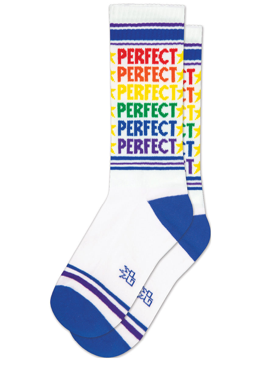 White retro gym socks say the word &quot;PERFECT&quot; repeated in every color of the rainbow down the leg.