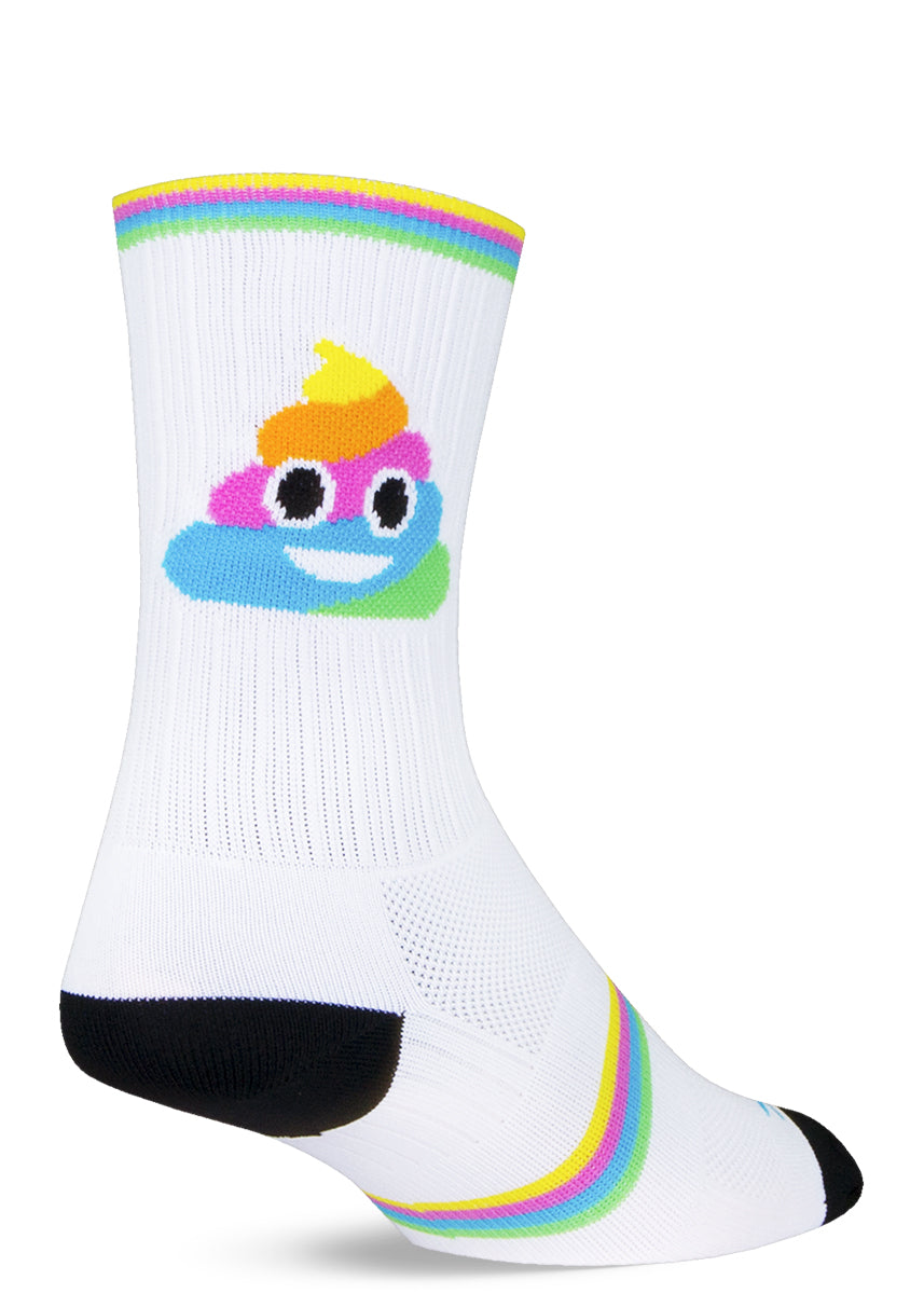 Rainbow poop socks for men and women with cute rainbow swirl poop emojis on white socks with rainbow accents 