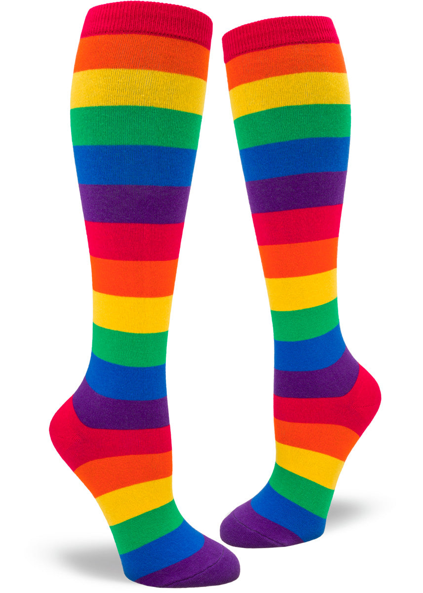 Knee high socks for women feature classic rainbow stripes!