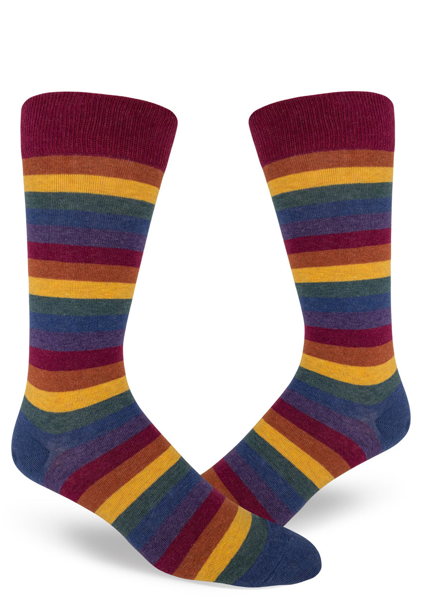 Muted rainbow socks for men with dark colored rainbow stripes and heather thread