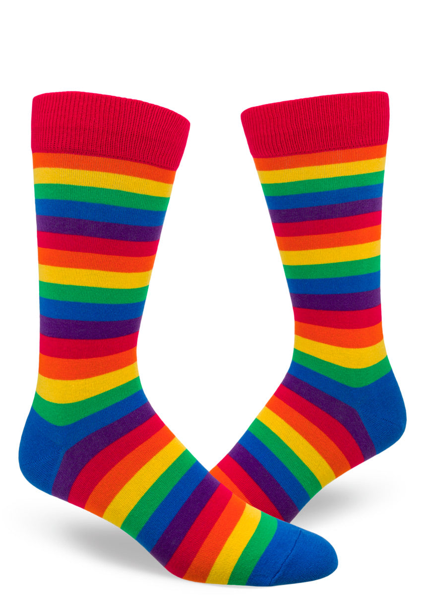 Men's crew socks with classic rainbow stripes.