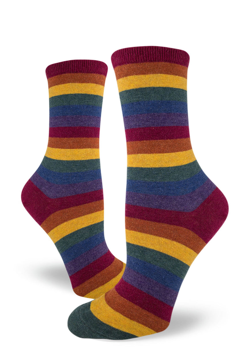 Rainbow stripe socks for women with muted rainbow colors in heather thread for a darker rainbow effect