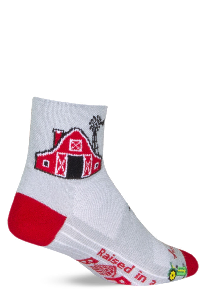 Farming-themed socks with a big red barn and a tiny green tractor driving along the feet, with the words “RAISED IN A BARN” on the sole.