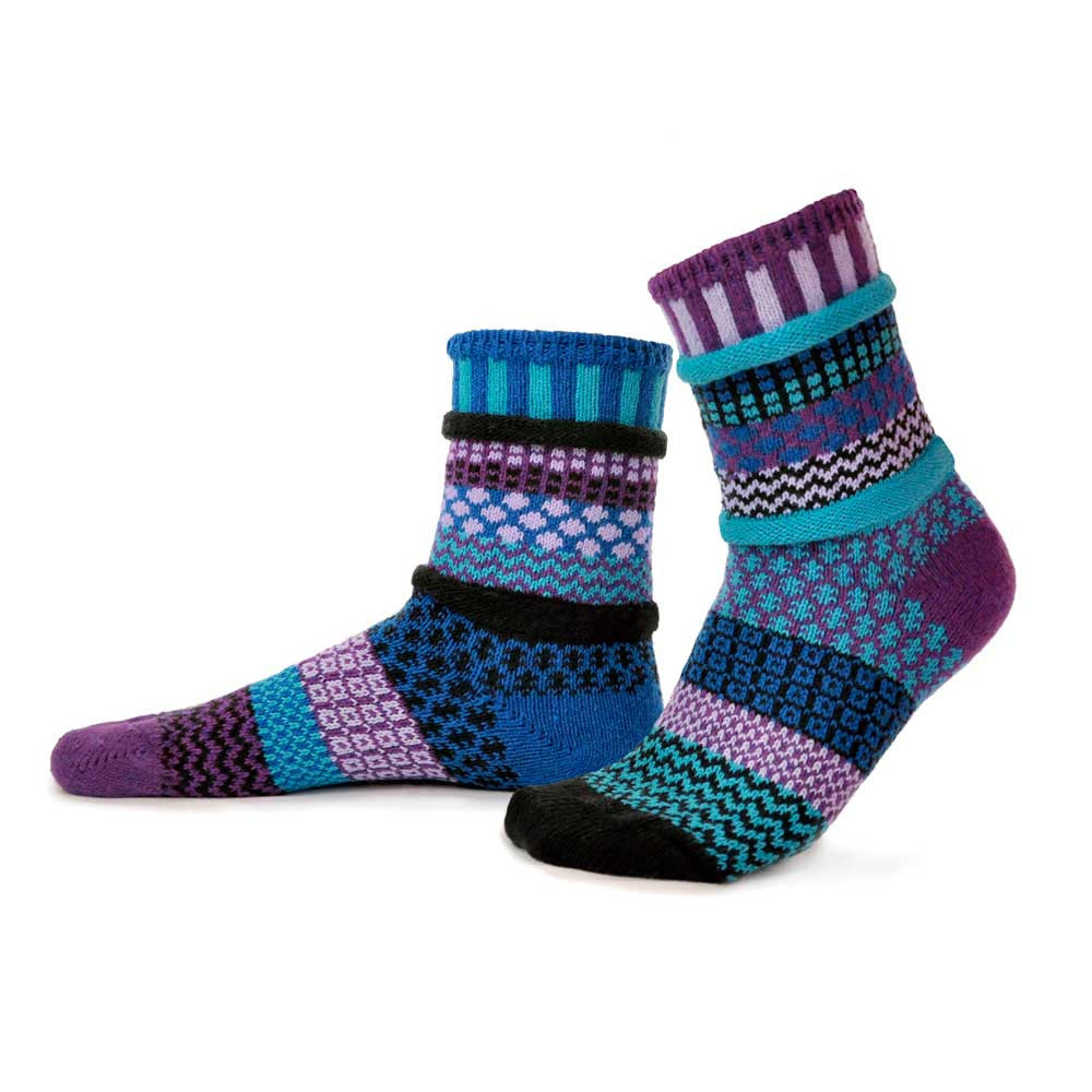 Crew socks in blue, purple and black.