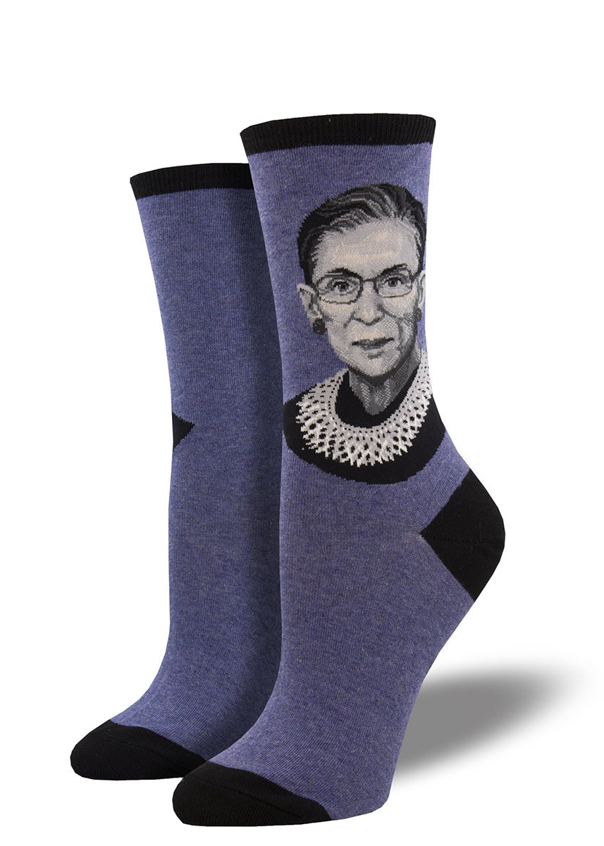 Crew socks for women show a black and white portrait of Ruth Bader Ginsburg on a blue heather background.