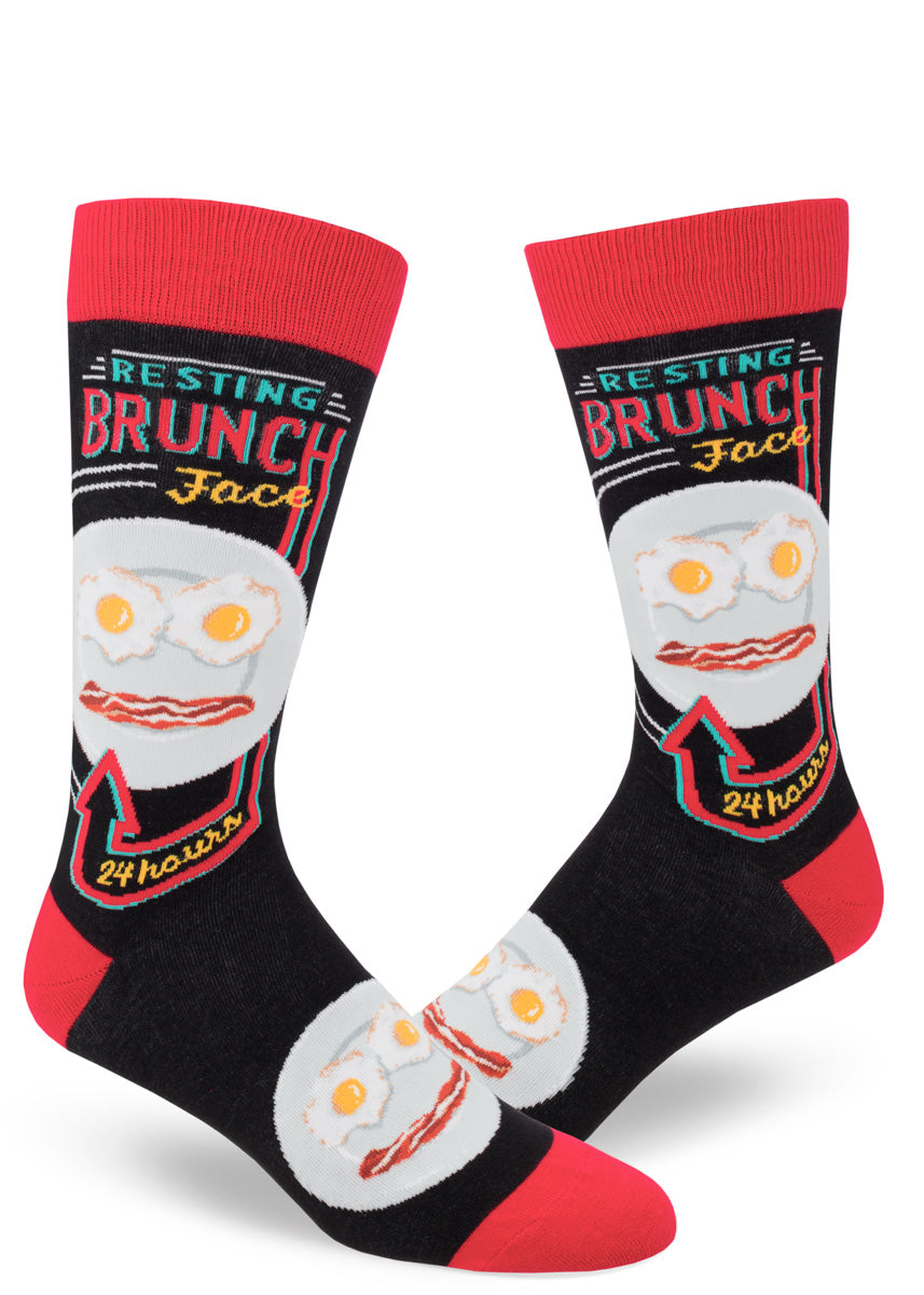 Brunch socks for men with a face made of bacon and eggs and the words "Resting Brunch Face"