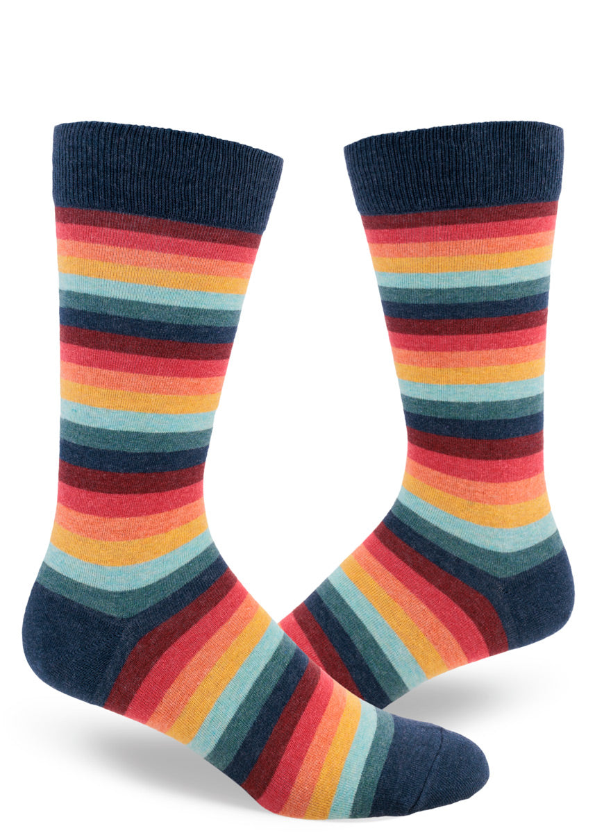 Colorful men's crew socks in a retro '70s color palette including burgundy, orange, gold, aqua and navy stripes.