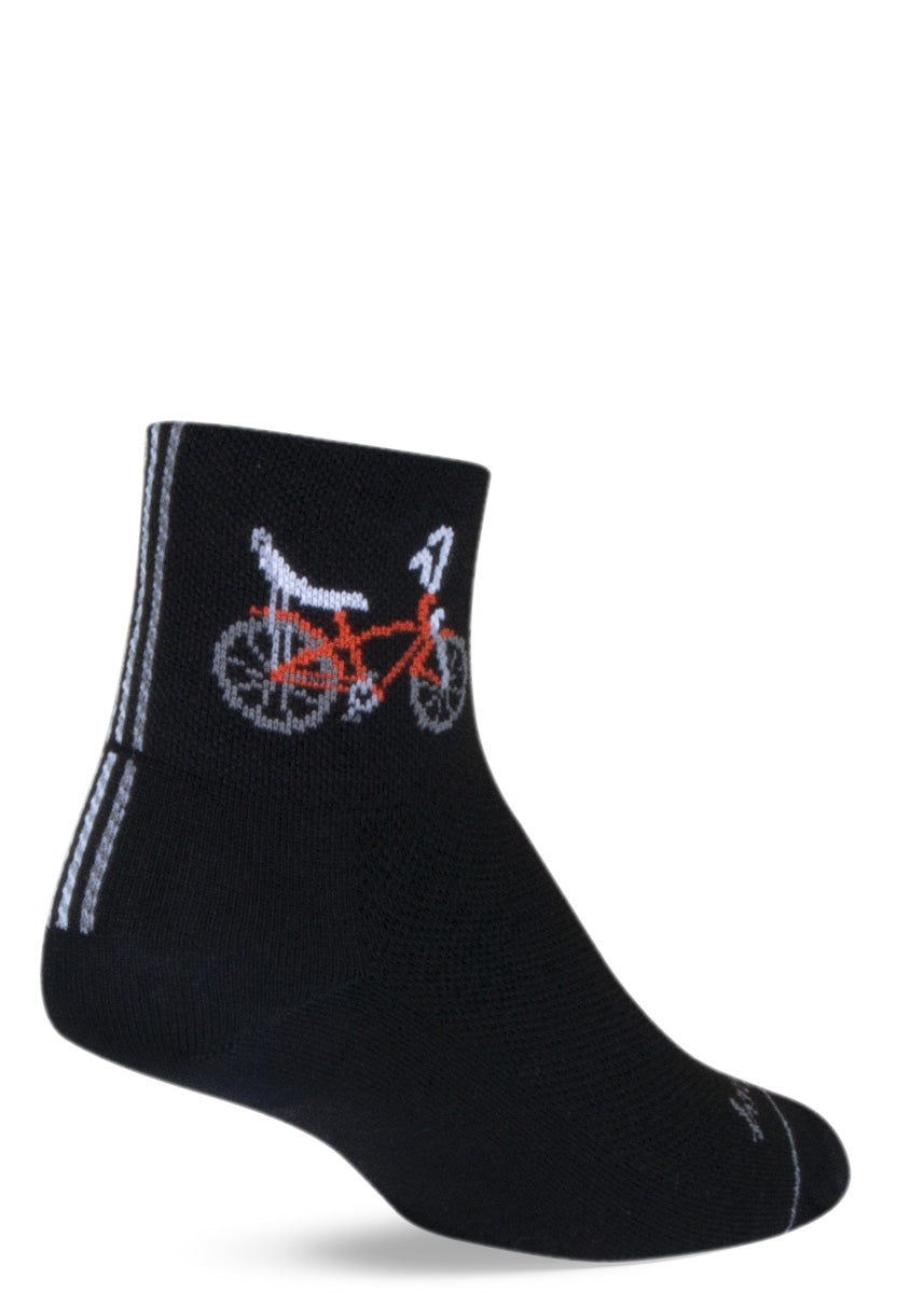 Athletic ankle socks feature a red banana-seat bicycle on a black background.