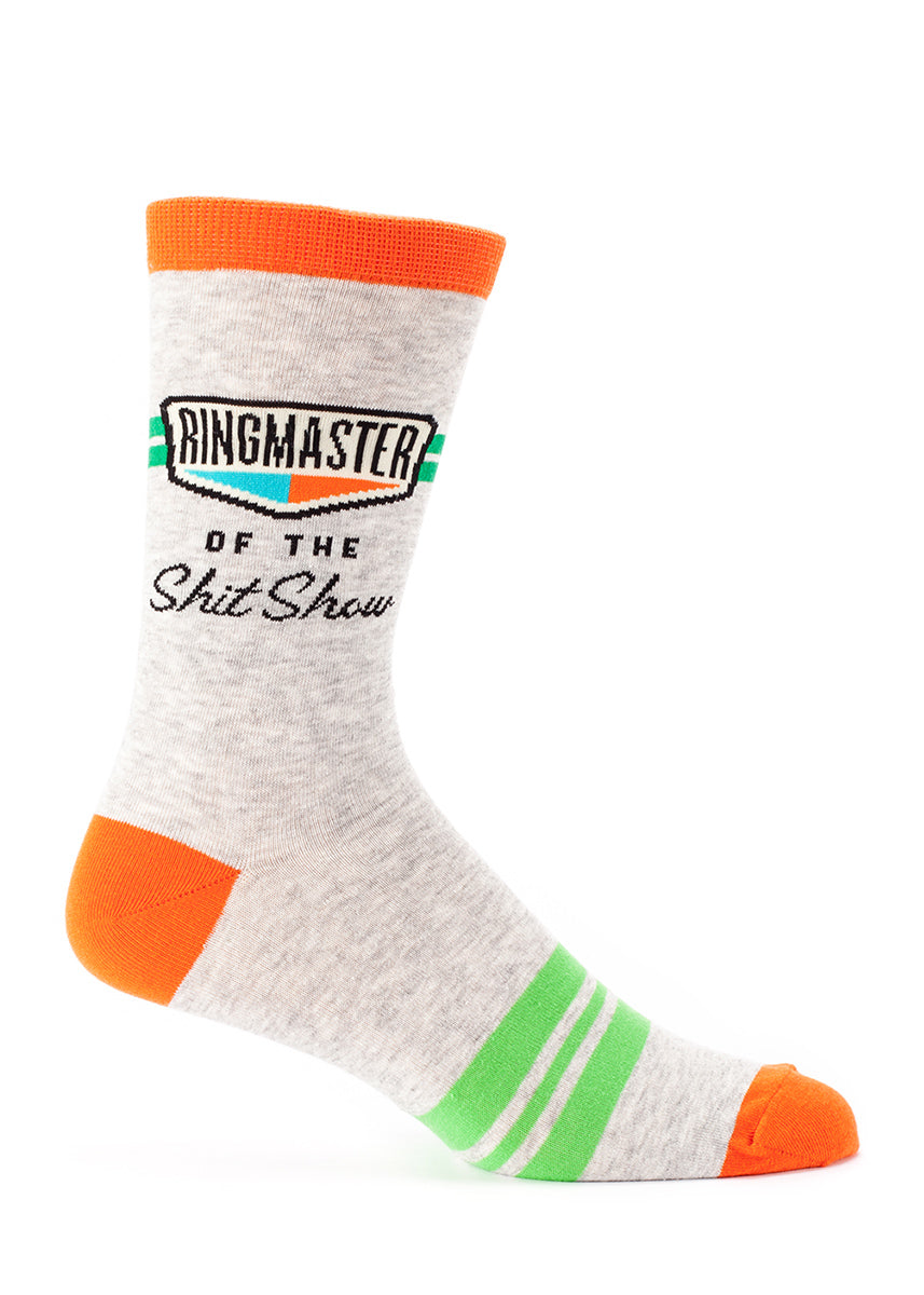 Funny men's socks that say "Ringmaster of the Shitshow"