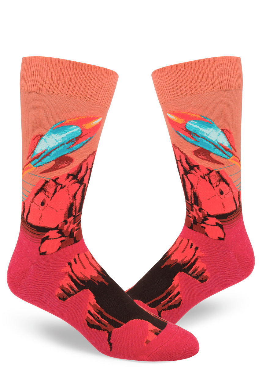 Mars planet socks for men with rockets flying against a red sky and terrain