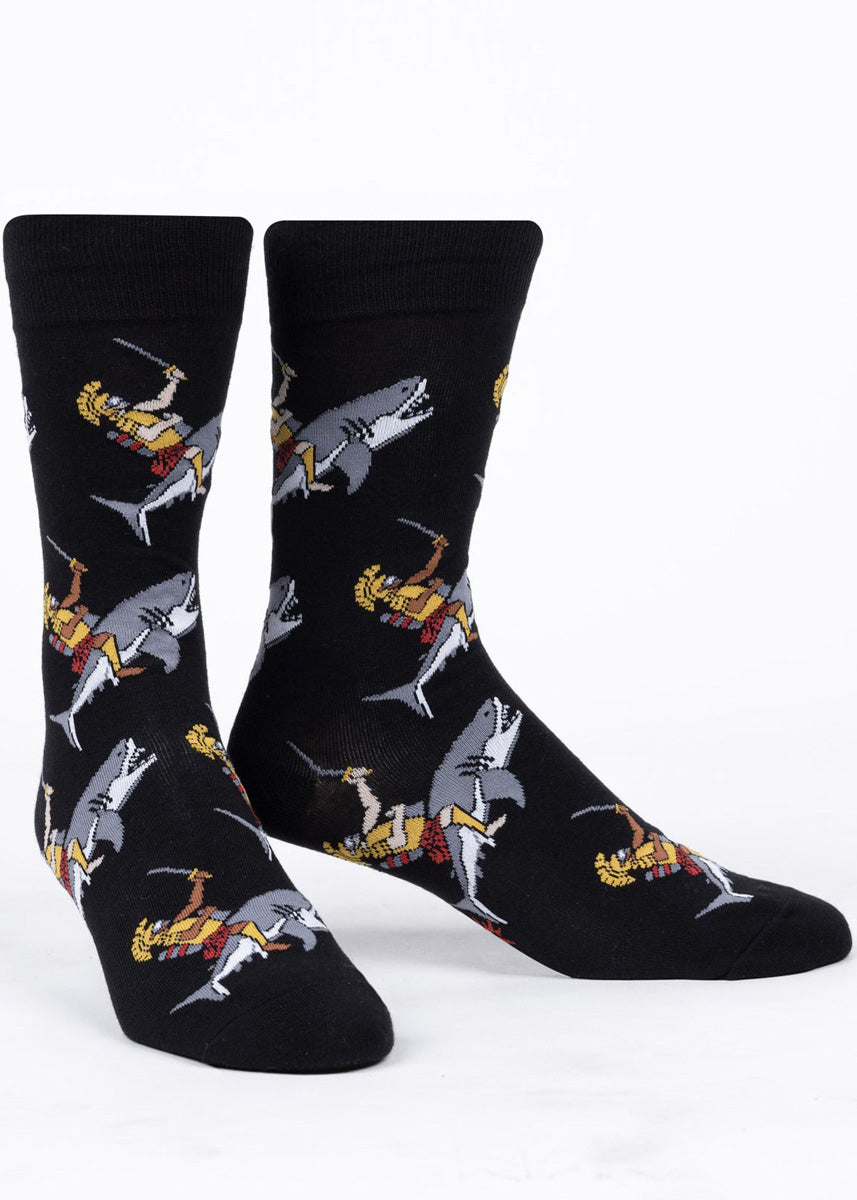 Funny crew socks for men show Roman soldiers riding sharks into battle!