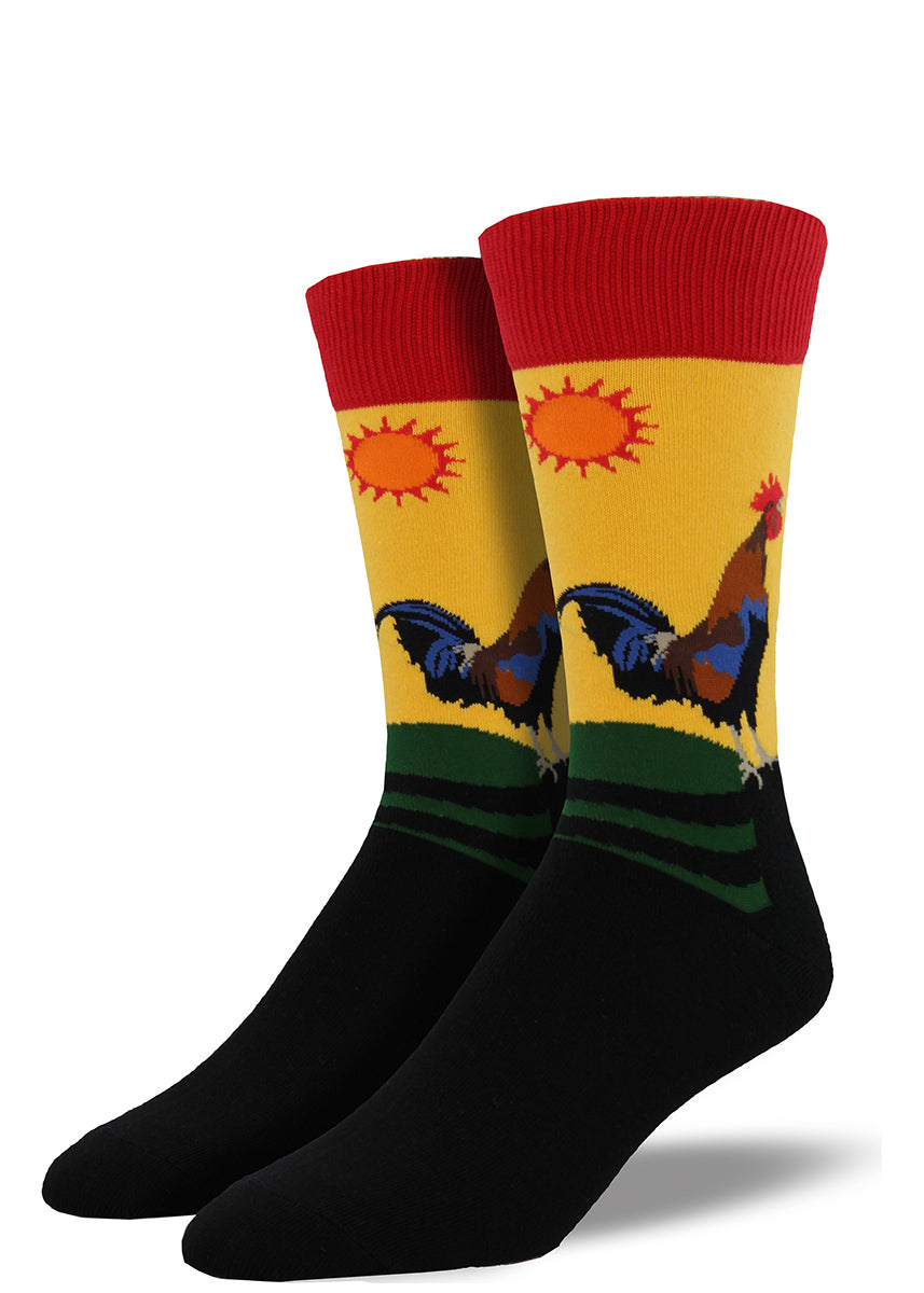 Rooster socks for men with large roosters sanding in front of a colorful sunrise