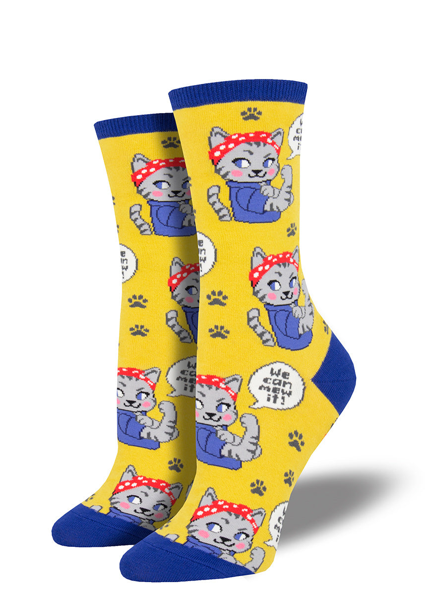 Cute feminist cat socks for women with cat Rosie the Riveters and the words "We Can Mew it"