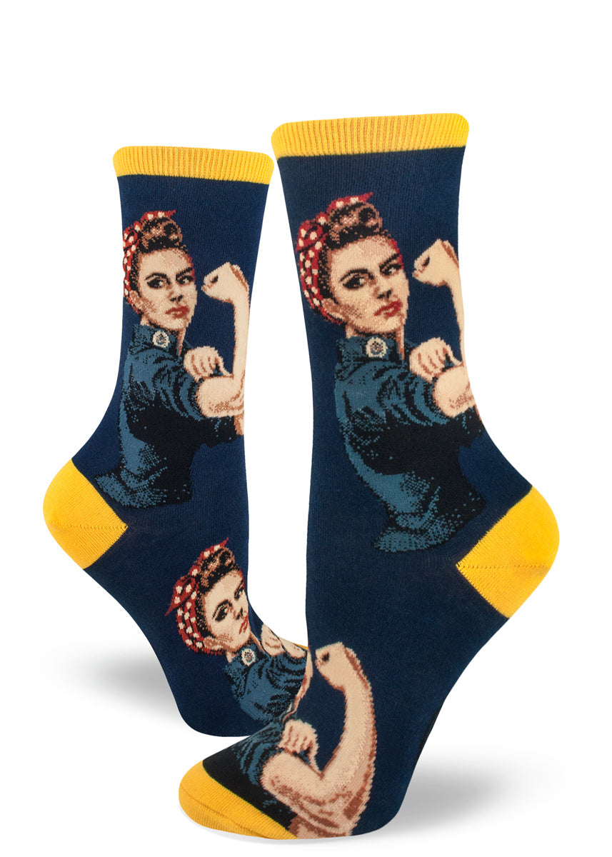 Rosie the Riveter socks for women with feminist icon Rosie the Riveter on a navy background